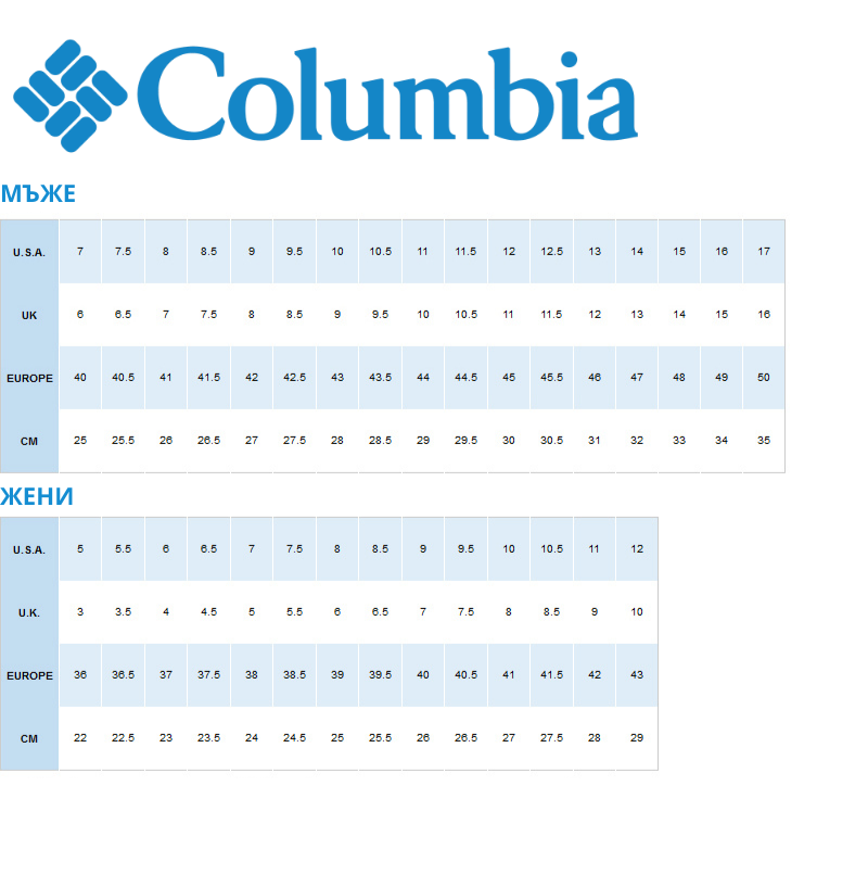 Columbia Womens Size Chart